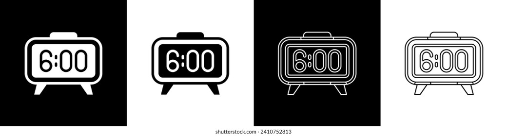 Set Digital alarm clock icon isolated on black and white background. Electronic watch alarm clock. Time icon.  Vector