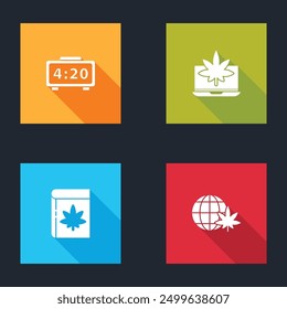 Set Reloj despertador digital, portátil y marihuana o cannabis, libro y legalizar icono del globo. Vector