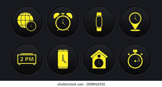 Set Digital alarm clock, Location with, Alarm app mobile, Retro wall watch, Smartwatch, Stopwatch and World time icon. Vector