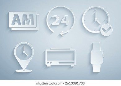 Set Digital alarm clock, Clock, Location with, Smartwatch, 24 hours and AM icon. Vector