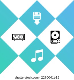 Set Digital alarm clock, Music note, tone, Floppy disk backup and Hard drive HDD sync refresh icon. Vector
