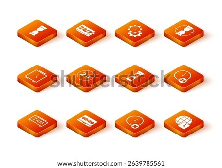 Set Digital alarm clock, Clock on laptop, Alarm, 24 hours, delete, Old hourglass, World time and  icon. Vector