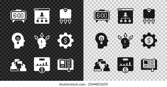 Set Digitaler Wecker, Online-Bildung, Gewichtsverlust, Zwei sitzende Männer sprechen, Key-Leistungsindikator, Buch lesen, Mensch mit Lampe Birne und Projekt-Team-Basis-Symbol. Vektorgrafik