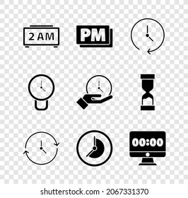 Set Digital alarm clock, Clock PM, on monitor,  and  icon. Vector