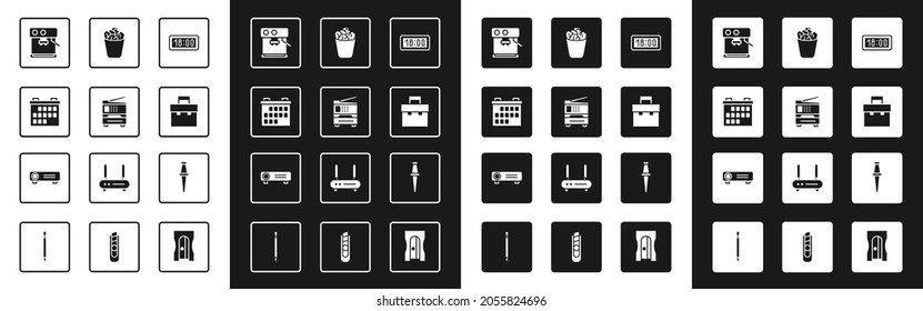 Set Digital Alarm Clock, Printer, Calendar, Coffee Machine, Briefcase, Full Trash Can, Push Pin And Movie, Film, Media Projector Icon. Vector