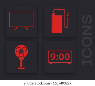 Ajuste el reloj de alarma digital , Smart Tv , Power bank con cable de carga diferente e icono de ventilador eléctrico. Vector
