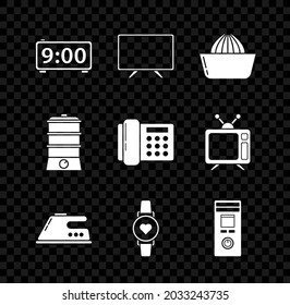 Set Digital alarm clock, Smart Tv, Citrus fruit juicer, Electric iron, watch showing heart beat rate, Remote control, Double boiler and Telephone icon. Vector