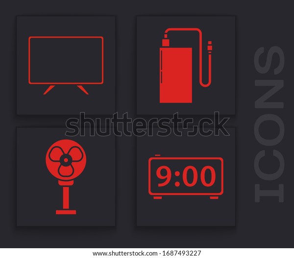 Set Digital alarm\
clock , Smart Tv , Power bank with different charge cable  and\
Electric fan  icon. Vector