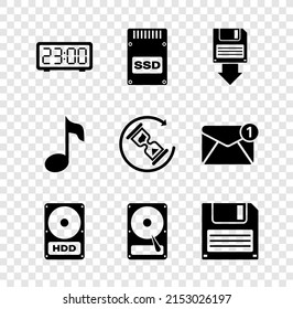 Set Digital alarm clock, SSD card, Floppy disk backup, Hard drive HDD,  and  icon. Vector