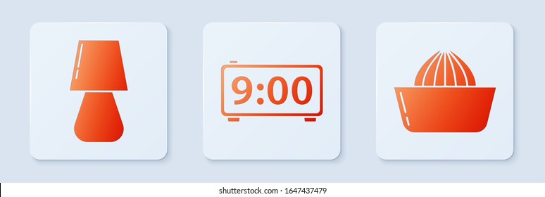 Set Digital alarm clock , Table lamp  and Citrus fruit juicer . White square button. Vector