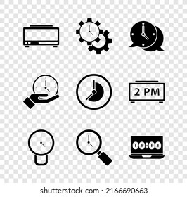 Set Digital alarm clock, Time Management, Clock speech bubble, Magnifying glass with, on laptop,  and  icon. Vector