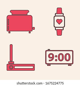 Set Digital alarm clock , Toaster with toasts , Smart watch showing heart beat rate  and Router and wi-fi signal  icon. Vector