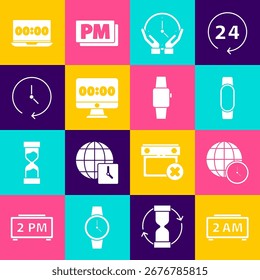 Establecer reloj despertador digital, hora mundial, reloj inteligente, reloj, en el monitor, portátil e icono. Vector