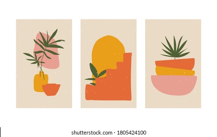 Set of digital art illustrations, contemporary minimalist abstract modern posters, plants, stairs, vases, organic shapes, simple colors with texture. Design for social media, wall art, print, card.