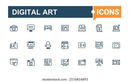 Set of Digital Art line icons. Includes thin line pen, art, website, idea, paint and more. Pixel perfect. Vector outline and solid icons collection.