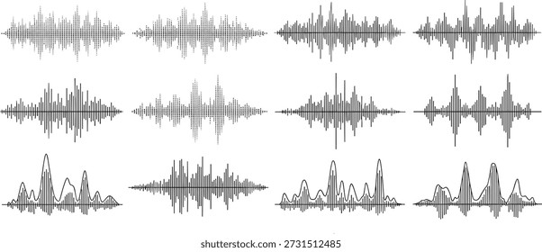 Conjunto de ícones de forma de onda de áudio digital, ondas de frequência de som preto, equalizador de música e ilustração de vetor de sinal de rádio para design de tecnologia