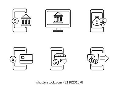 Conjunto de iconos de banca digital en estilo lineal aislado en fondo blanco