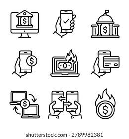 Set of digital banking and mobile payment security vector line icons with e commerce transaction security technology transfer currency internet