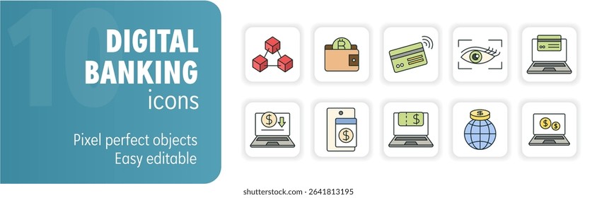 Set of digital banking trendy icons containing blockchain, cryptocurrency, online payment and more. Editable vector illustration