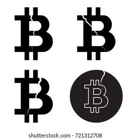 A set of digital bitcoin cryptocurrency symbols with a crack, flat style