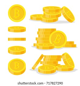 Set digital bitcoins flat style isolated on white background. Icon finance heap, gold coin pile. Golden money standing on stacked - vector illustration