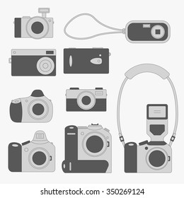 Set of digital camera types. Mirrorless, compact and dslr camera. Vector illustration.