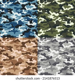 Conjunto de modelos de camuflaje digital sin fisuras. Textura militar. El ejército abstracto o el adorno de enmascaramiento de caza. Fondo clásico. Ilustración de diseño de vectores.