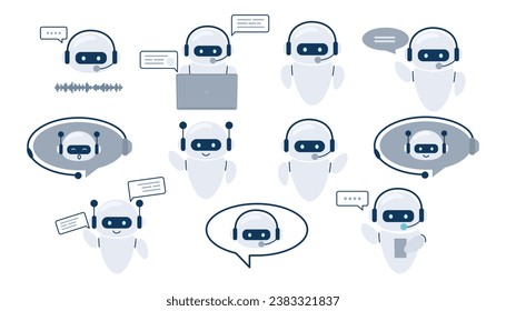 Conjunto de robots de chat Digital, asistente de robots para el servicio de atención al cliente. Concepto de asistente de conversación virtual para obtener ayuda. Ilustración vectorial aislada en fondo blanco.