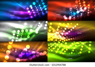 Set of digital circle neon lights abstract backgrounds, vector technology desgin with light effects