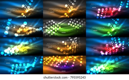 Set of digital circle neon lights abstract backgrounds, vector technology desgin with light effects