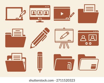 Video Conjunto de iconos digitales del aula que incluyen la carpeta y el lápiz de asignación de llamadas de pizarra blanca