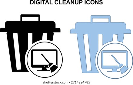 Set of digital cleanup icons with trash bin silhouettes and computer monitor with cleaning brush symbol, ideal for app interfaces, buttons and infographics. Digital cleanup day. Vector illustration