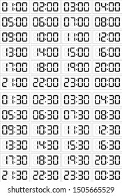 Set of digital clocks for business hours isolated on white. 24 hours version. Hours and half past hours. All elements in vector are sorted and grouped in layers for easy editing.