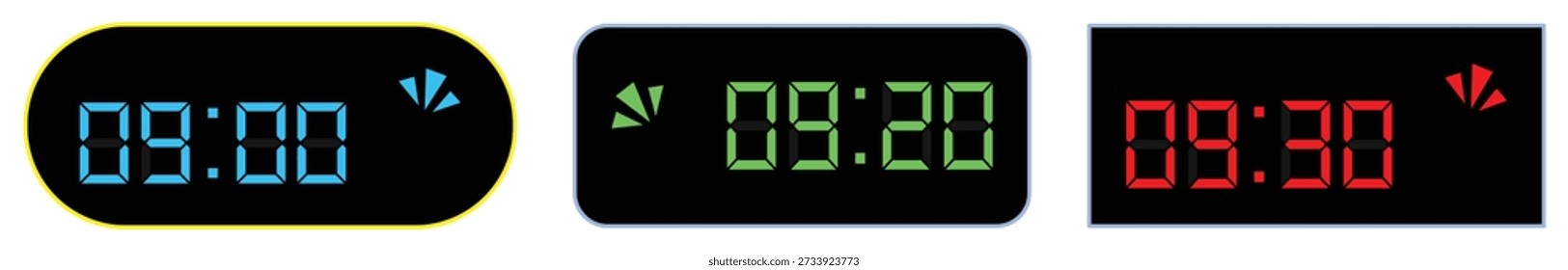 Conjunto de Relojes Digitales Que Muestran Diferentes Tiempos e Iconos de Alarma.
