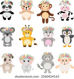 Set digital collage of adorable animals with wreath floral on head
