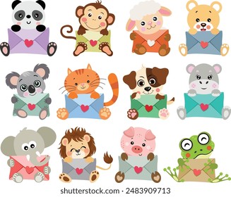 Set digital collage of cute animal love letters
