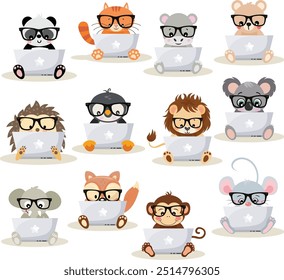 Set digital collage of cute animals working with laptop
