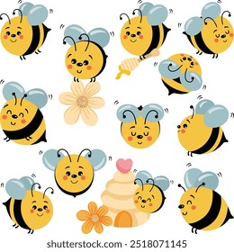 Set digital collage of cute happy bee
