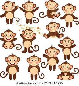 Set digital collage of cute monkey