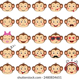 Set digital collage of cute monkey face with different expressions