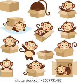 Set digital collage of cute monkey in cardboard box