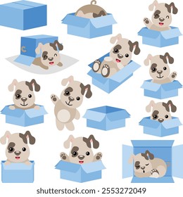 Conjunto de collage digital de lindo cachorro en caja de cartón