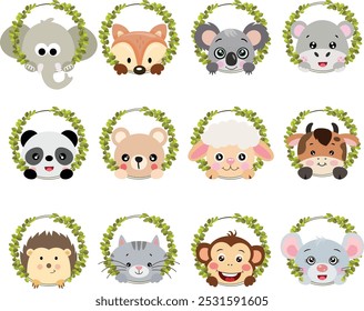 Set digital collage of friendly animal peeking out of round leaves frame