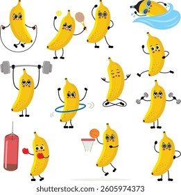 Set digital collage of funny babana character mascot making gym and sports