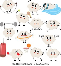 Set digitale Collage von lustigen Cloud-Charakter Maskottchen machen Fitness-Studio und Sport
