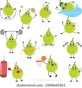 Set digital collage of funny green pear character mascot making gym and sport
