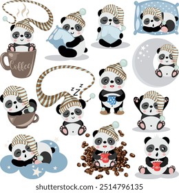 Set digital collage of panda waking up in sleep needs coffee