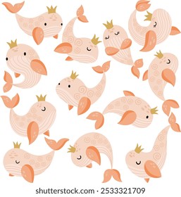 Set digital collage of whale princess with crown
