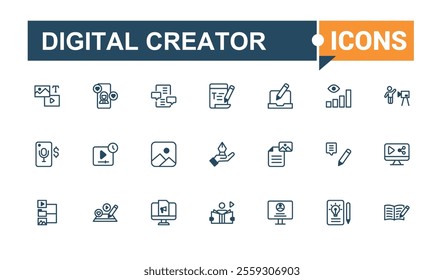 Set of Digital Creator line icons. Contains related to tech, concept, Content Creator, video, story, stream and more. Perfect for logos and infographics. Solid line editable stroke.