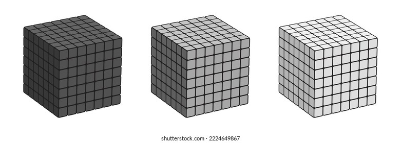 Set of digital cubes in perspective. 7x7. Graphic object from smaller isometric cubes. 3d vector illustration. Geometric figure icon.